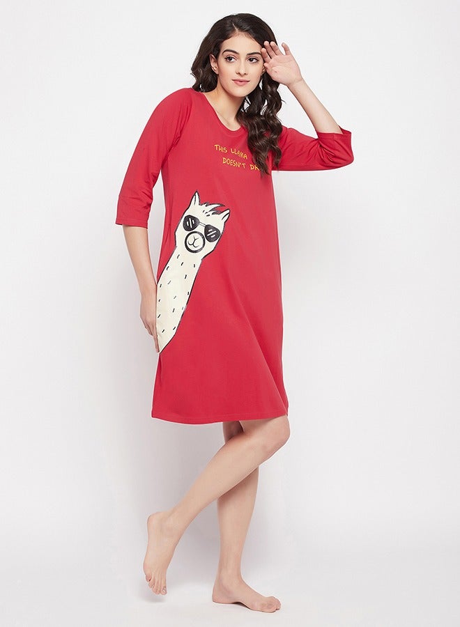 Clovia Clovia Print Me Pretty Long Sleep Tee in Red - 100% Cotton  - Image 3