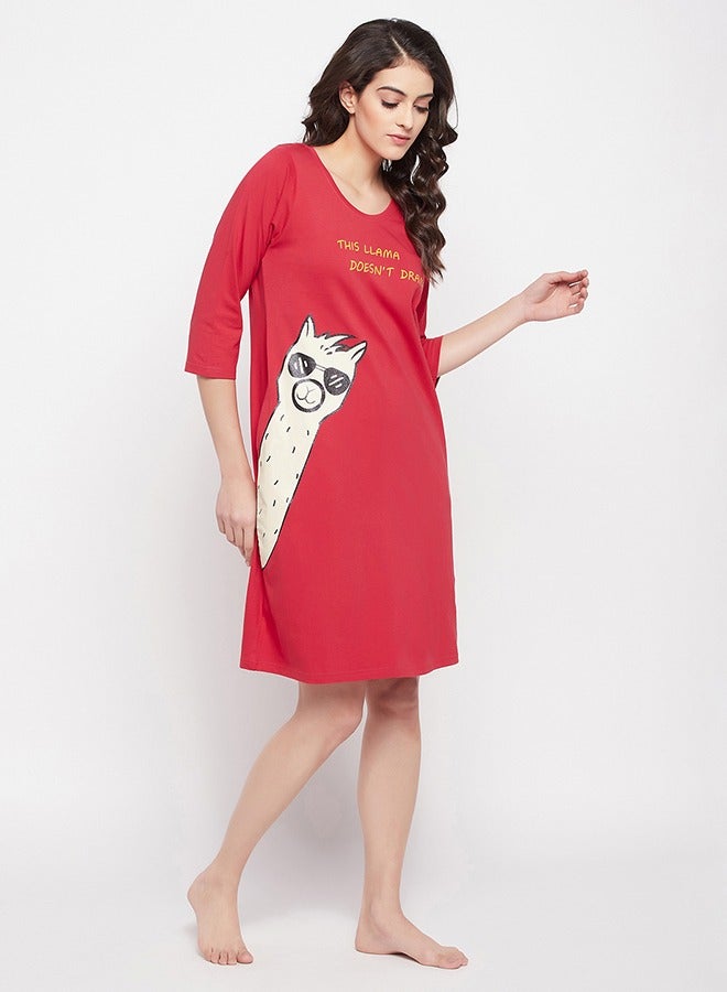 Clovia Clovia Print Me Pretty Long Sleep Tee in Red - 100% Cotton  - Image 5