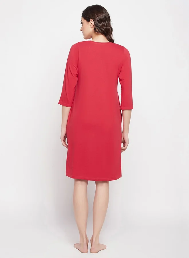 Clovia Clovia Print Me Pretty Long Sleep Tee in Red - 100% Cotton