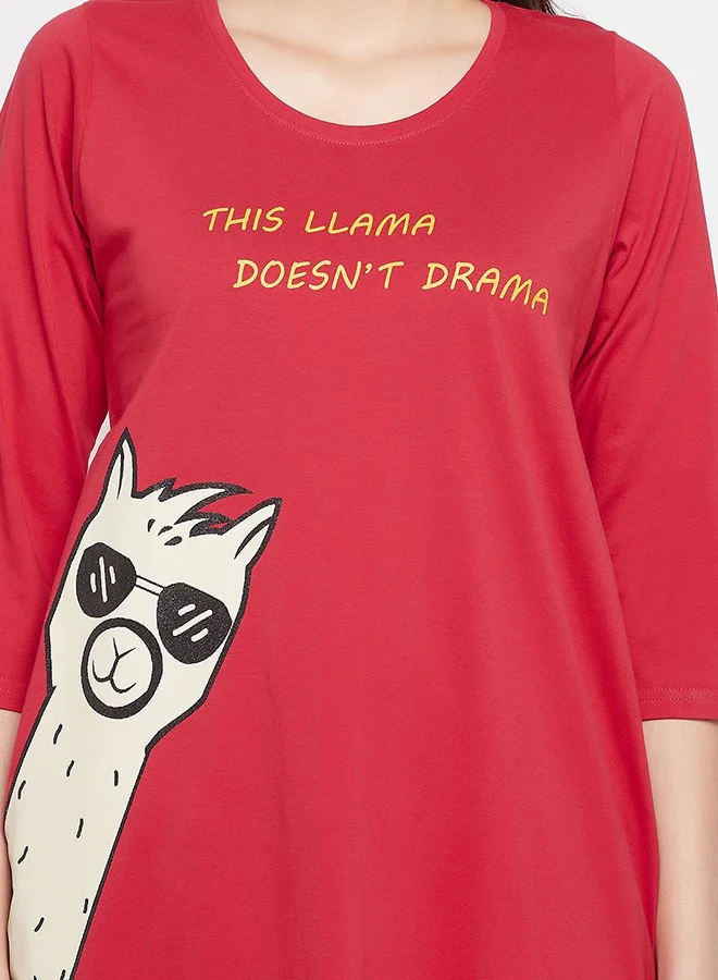 Clovia Clovia Print Me Pretty Long Sleep Tee in Red - 100% Cotton