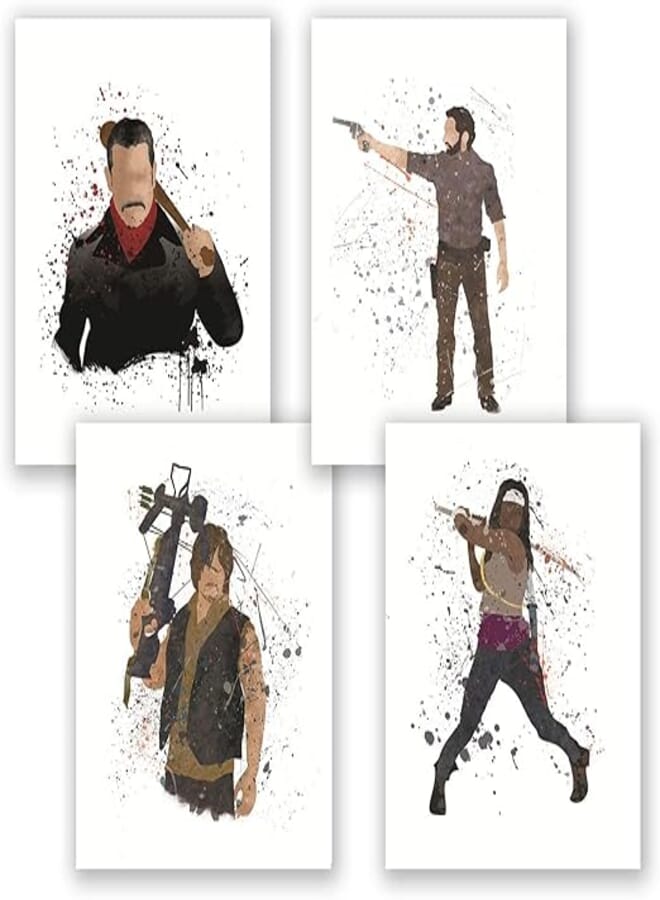 PGbureau Walking Dead Poster - Set of 4 Posters - Watercolor Home Decor - Rick Grimes Negan Daryl Dixon Michonne - Bedroom Art Print - Gift for Friends (Set, 8x10)