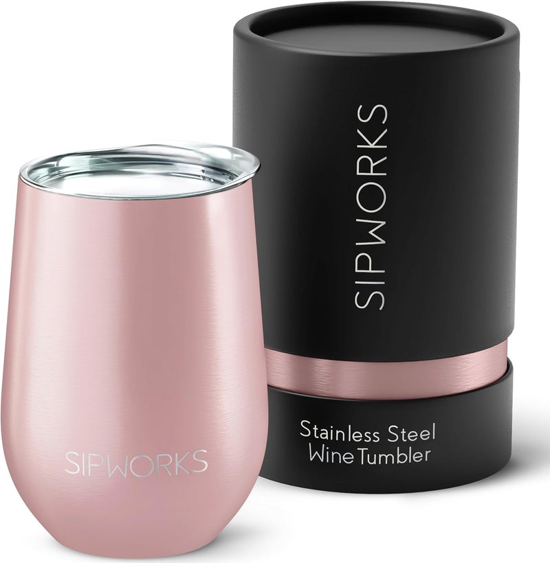 Sipworks Wine Tumbler with Lid  12 oz Stainless Steel Insulated Wine Tumbler  Portable Spill Resistant Stemless Travel Wine Glass  Cocktail Cup  Rose Gold - Image 1