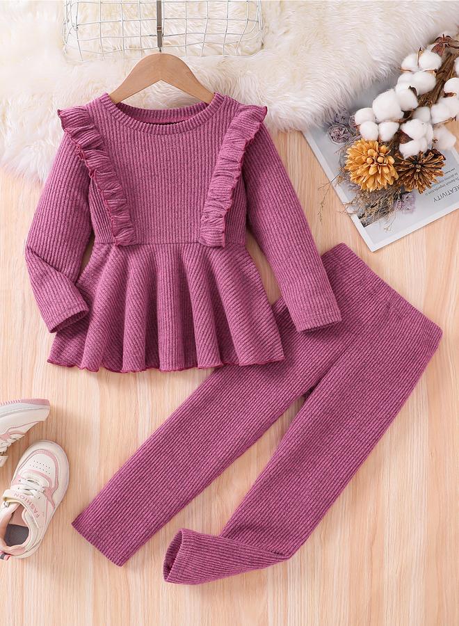 Take Two Girls Purple Flounce Hem Knit Top and Leggings Set - Image 1