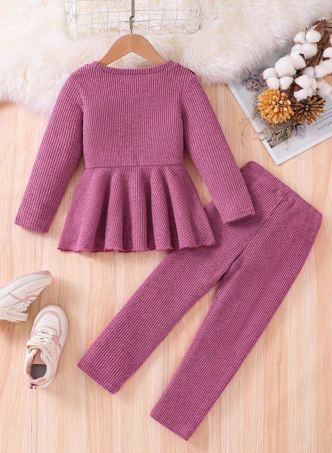 Take Two Girls Purple Flounce Hem Knit Top and Leggings Set - Image 2