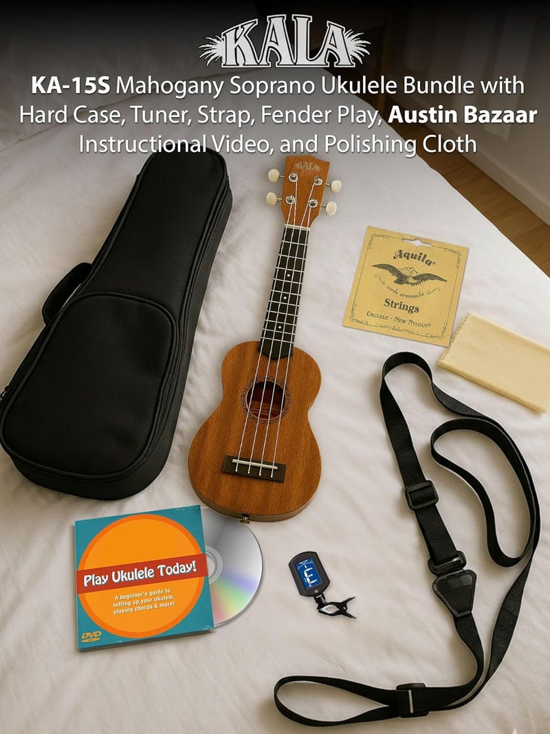Kala KA-15S Mahogany Soprano Ukulele Bundle with Hard Case, Tuner, Strap, Fender Play, Austin Bazaar Instructional DVD, and Polishing Cloth - Image 2