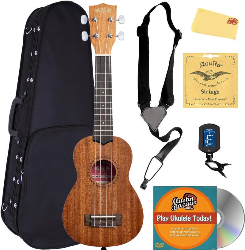 Kala KA-15S Mahogany Soprano Ukulele Bundle with Hard Case, Tuner, Strap, Fender Play, Austin Bazaar Instructional DVD, and Polishing Cloth - Image 1