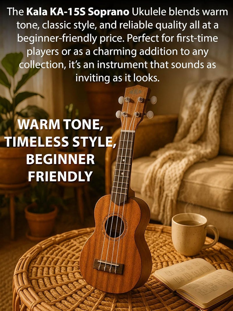 Kala KA-15S Mahogany Soprano Ukulele Bundle with Hard Case, Tuner, Strap, Fender Play, Austin Bazaar Instructional DVD, and Polishing Cloth - Image 4