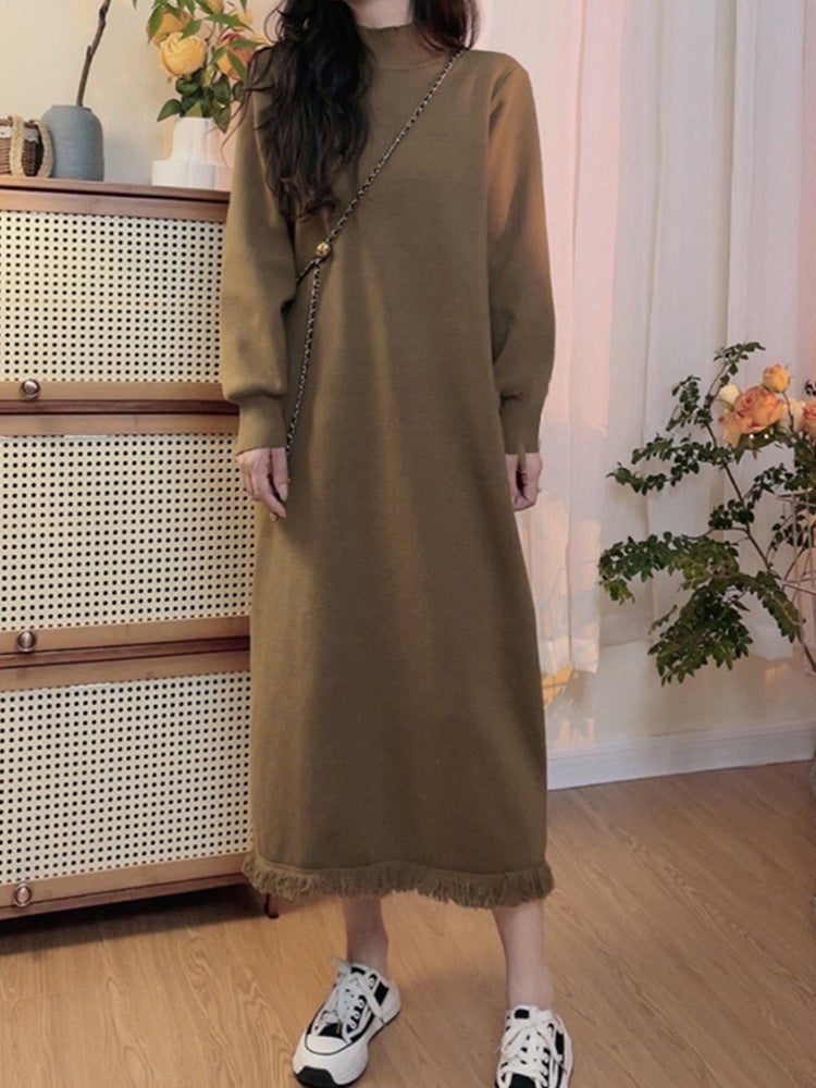 Autumn and Winter 2024 New Base Inner Knitted Long Dress Womens White Sweater Dress Long Sleeve Dress with Coat 2002 Black - Image 3