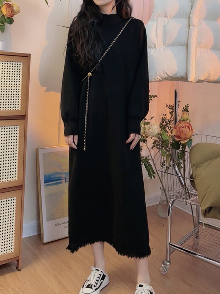 Autumn and Winter 2024 New Base Inner Knitted Long Dress Womens White Sweater Dress Long Sleeve Dress with Coat 2002 Black - Image 1