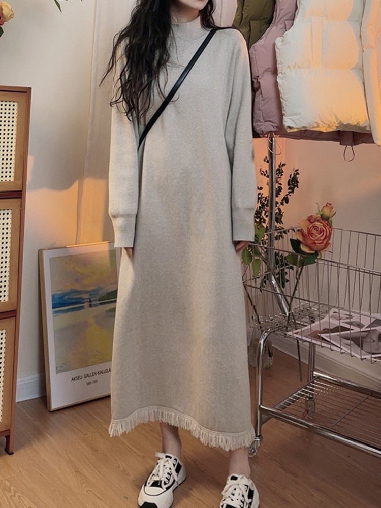 Autumn and Winter 2024 New Base Inner Knitted Long Dress Womens White Sweater Dress Long Sleeve Dress with Coat 2002 Black - Image 2
