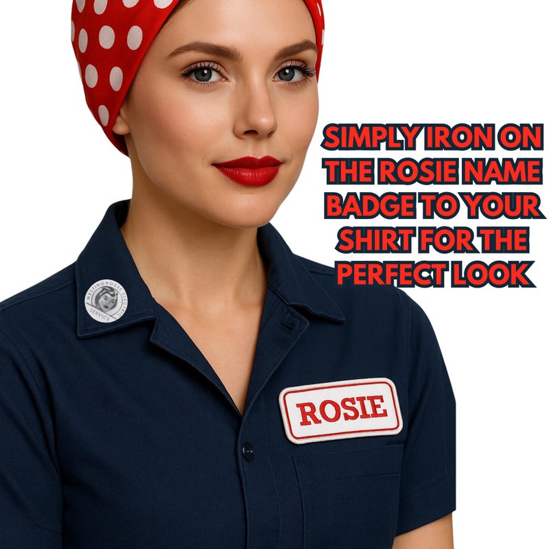 ASVP Shop Rosie The Riveter Costume Kit, Bandana, Name Patch, Pin Badges, Stickers and Tattoo's 1940s Woman Historically Accurate Dress-Up Accessories - Image 4