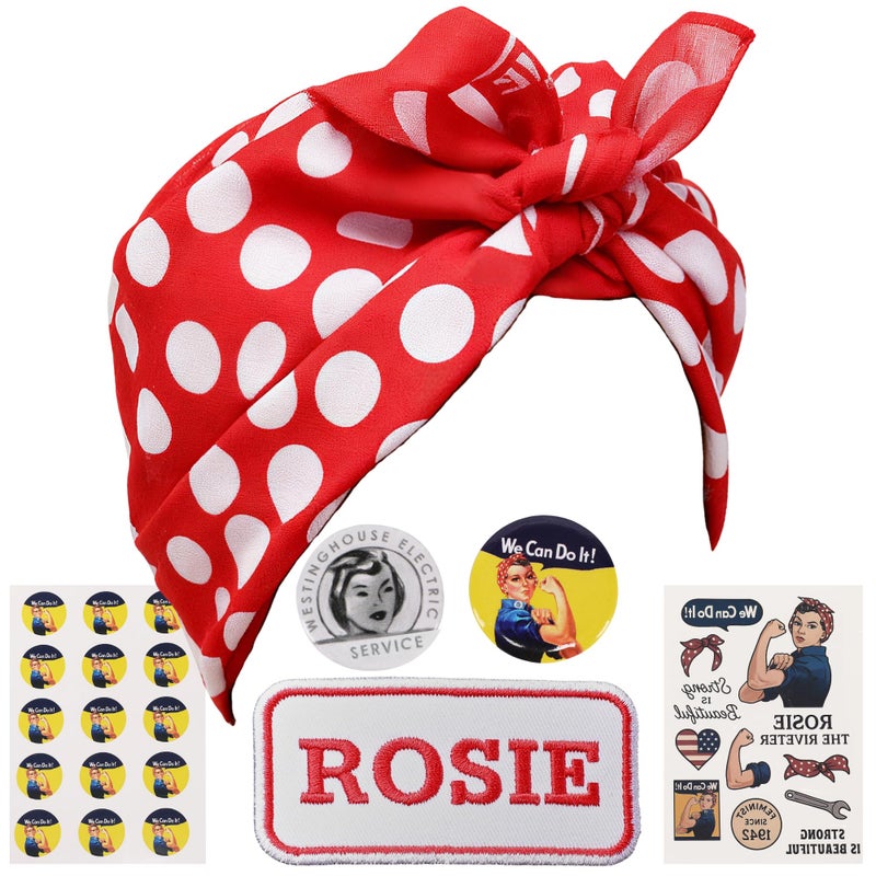 ASVP Shop Rosie The Riveter Costume Kit, Bandana, Name Patch, Pin Badges, Stickers and Tattoo's 1940s Woman Historically Accurate Dress-Up Accessories - Image 1