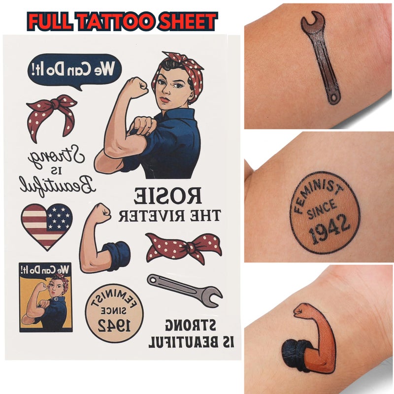 ASVP Shop Rosie The Riveter Costume Kit, Bandana, Name Patch, Pin Badges, Stickers and Tattoo's 1940s Woman Historically Accurate Dress-Up Accessories - Image 5
