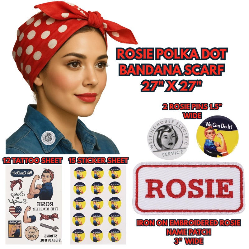 ASVP Shop Rosie The Riveter Costume Kit, Bandana, Name Patch, Pin Badges, Stickers and Tattoo's 1940s Woman Historically Accurate Dress-Up Accessories - Image 2