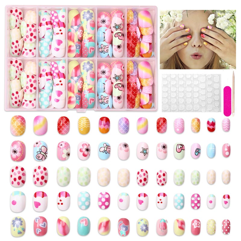 Wsimily 120Pcs Press on Nails for Kids, Wsimily Colorful Short Fake Nails for Children, Acrylic Full Cover False Nails, Fun and Safe Nail Art Kits for Girls with Jelly Nail Adhesives - Image 1
