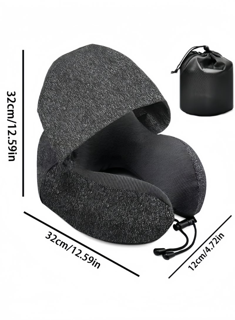 U-Shaped Pillow With Cap,Travel Storage Portable Memory Cotton Hooded Multifunctional Neck Pillow,Travel Pillow, Velvet Memory Foam Neck Pillow for Travel with Hood for Airplane, Adult Head & Neck Support,Portable Pillow,for Airplane Nap Travel Sleep (Light Grey) - Image 2
