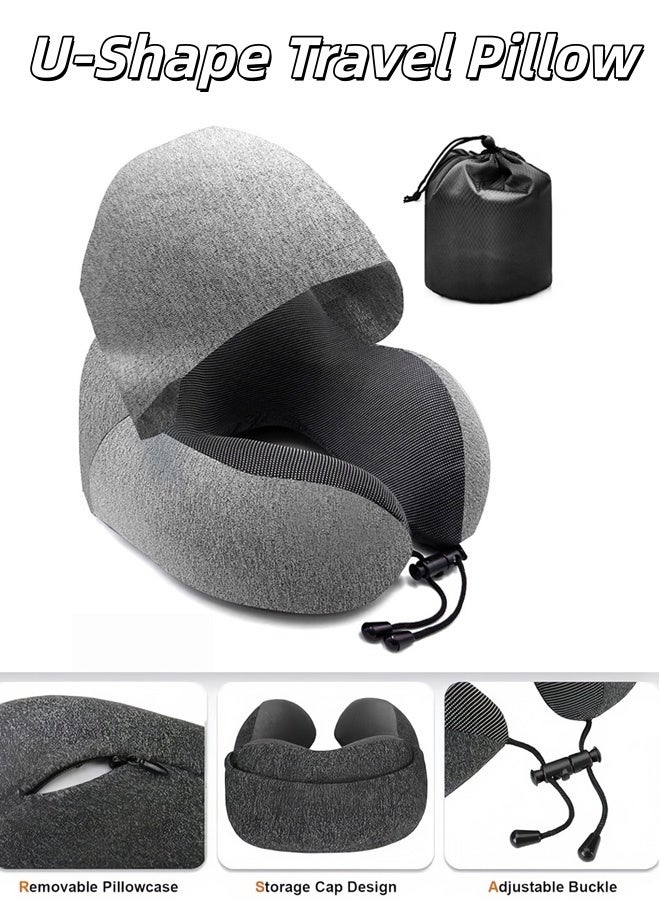 U-Shaped Pillow With Cap,Travel Storage Portable Memory Cotton Hooded Multifunctional Neck Pillow,Travel Pillow, Velvet Memory Foam Neck Pillow for Travel with Hood for Airplane, Adult Head & Neck Support,Portable Pillow,for Airplane Nap Travel Sleep (Light Grey) - Image 1