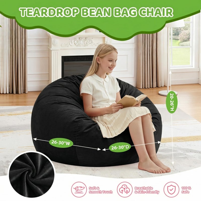 SIMFLAG 2FT Bean Bag Chair, Comfy Bean Bag Chairs with Memory Foam Filled, Fluffy Beanbag Sofa with Dutch Velvet Cover, Teardrop BeanBag Chairs for Living Room, Playroom - Black - Image 2