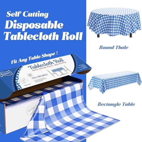 Vrisssot Disposable Blue Checkered Plastic Table Cover Roll 54in X 120ft - Heavy Duty Waterproof Tablecloth with Easy Slide Cutter for Parties, Picnics & Outdoor Gatherings - Image 3