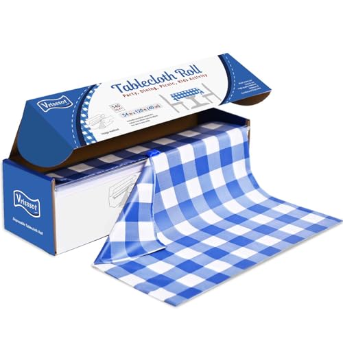 Vrisssot Disposable Blue Checkered Plastic Table Cover Roll 54in X 120ft - Heavy Duty Waterproof Tablecloth with Easy Slide Cutter for Parties, Picnics & Outdoor Gatherings - Image 1