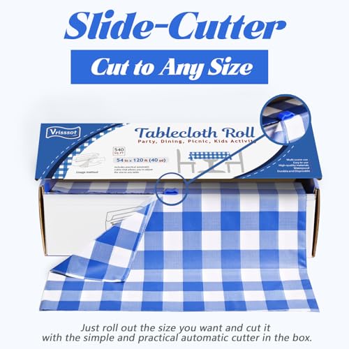 Vrisssot Disposable Blue Checkered Plastic Table Cover Roll 54in X 120ft - Heavy Duty Waterproof Tablecloth with Easy Slide Cutter for Parties, Picnics & Outdoor Gatherings - Image 5