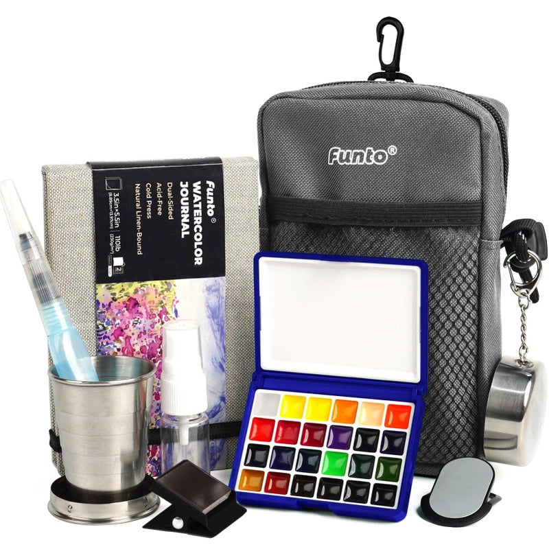Funto Mini Watercolor Paint Set, All-in-One 24-Color Travel Paint Kit, with Crossbody Bag, Watercolor Journal, Paint Water Cup, Pocket Set for Artists - Image 1