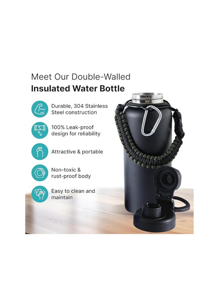Atlasware The Better Home Scout Series Insulated Water Bottle 960ml | Thermos Stainless Steel Water Bottle | Vacuum Insulated Flask with Rope and Carabiner| Hot & Cold Water Bottle for Travel & Adventure|Black  - Image 2