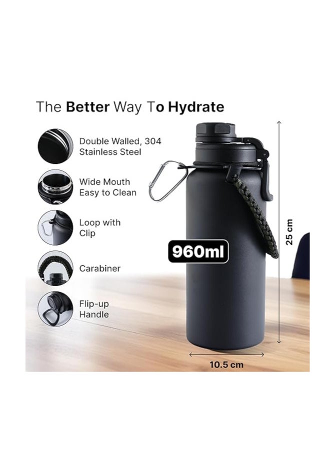 Atlasware The Better Home Scout Series Insulated Water Bottle 960ml | Thermos Stainless Steel Water Bottle | Vacuum Insulated Flask with Rope and Carabiner| Hot & Cold Water Bottle for Travel & Adventure|Black  - Image 3