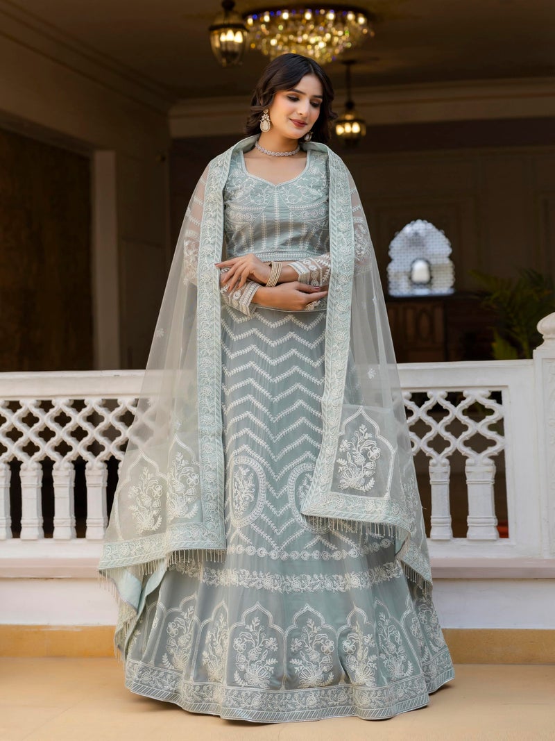 TRENDMALLS فستان ليهينغا تشولي مزين بخيوط الترتر من تريندمولز للنساء مع دوباتا (L292-رمادي-نصف مخيط) - Image 4