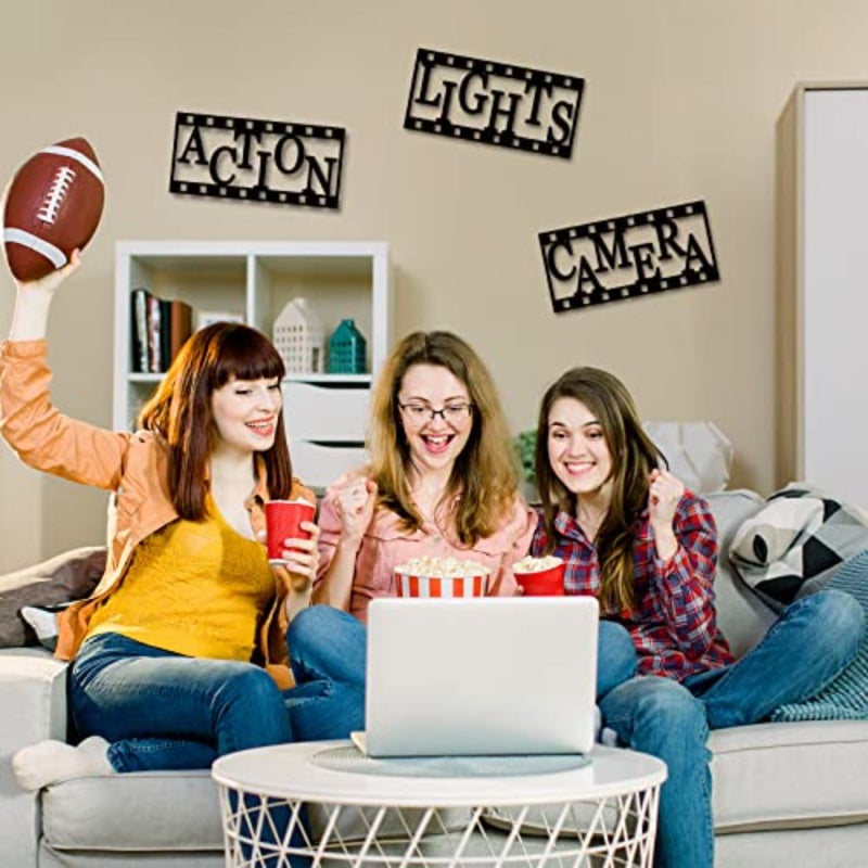 3 Pieces Home Movie Theater Room Decor Cinema Wall Art Wooden Reel Wall Sign Home Theater Action Sign Cinema Movie Film Wall Decoration 11.4 Inch, Simple Style - Image 4