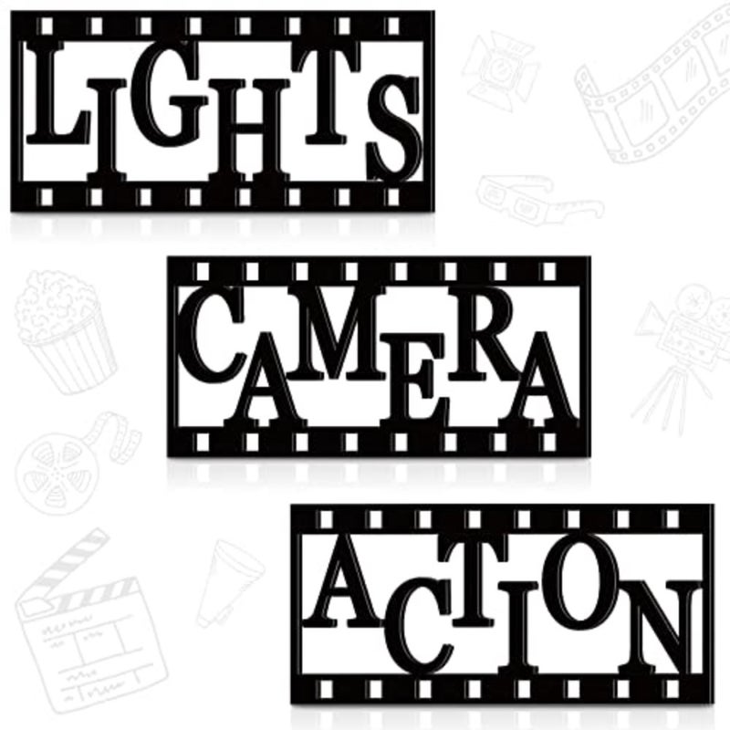 3 Pieces Home Movie Theater Room Decor Cinema Wall Art Wooden Reel Wall Sign Home Theater Action Sign Cinema Movie Film Wall Decoration 11.4 Inch, Simple Style - Image 1