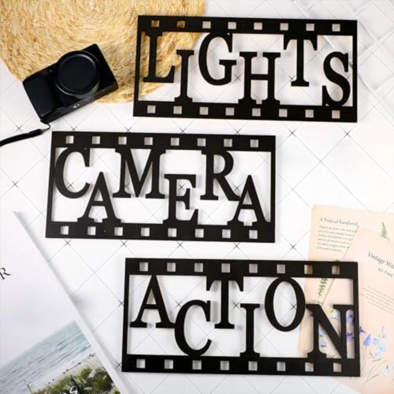 3 Pieces Home Movie Theater Room Decor Cinema Wall Art Wooden Reel Wall Sign Home Theater Action Sign Cinema Movie Film Wall Decoration 11.4 Inch, Simple Style - Image 3