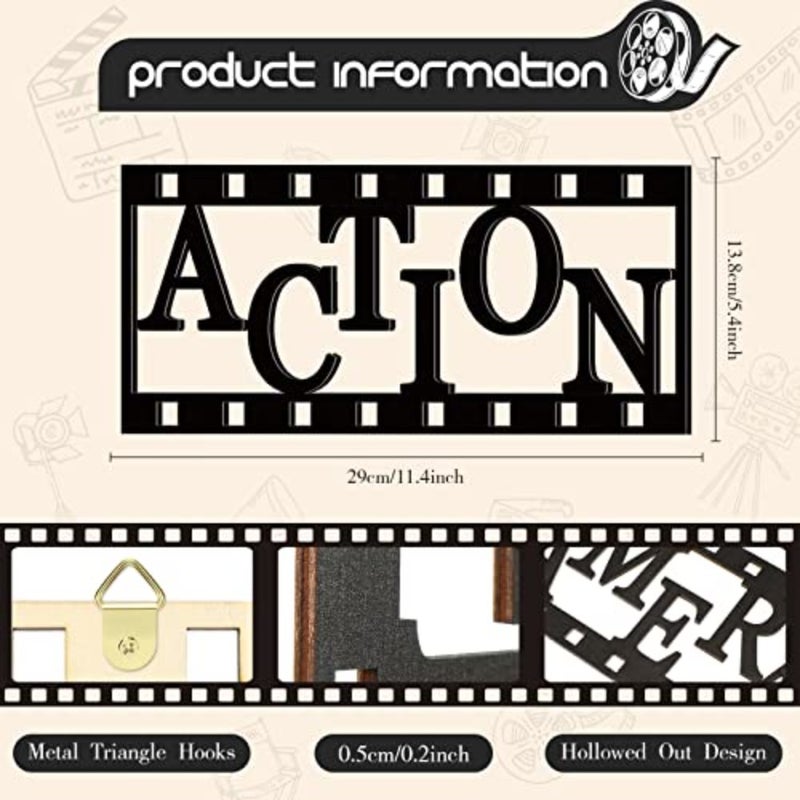 3 Pieces Home Movie Theater Room Decor Cinema Wall Art Wooden Reel Wall Sign Home Theater Action Sign Cinema Movie Film Wall Decoration 11.4 Inch, Simple Style - Image 2