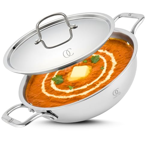 Omichef Triply Stainless Steel Kadai/Kadhai with Lid, 28 cm (5 Litre), Induction Bottom Tri-Ply Cookware, ISI Certified Food Grade Steel, Heavy Duty Cooking Pot, 5 Years Warranty - Image 2