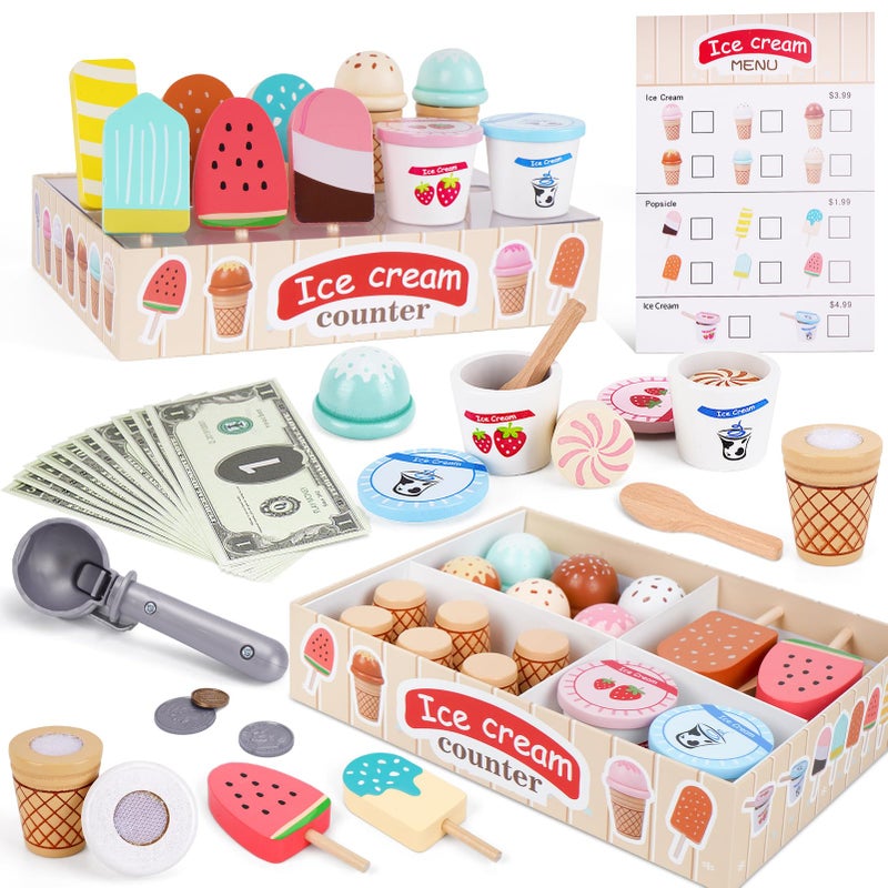 Melofaver Wooden Ice Cream Toys for Toddlers 35 Kids Wooden Toys Play Kitchen Accessories Play Food Sets for Kids Kitchen Pretend Play Toys Gifts for 3 4 5 Year Old Girls Boys Birthday Christmas - Image 3