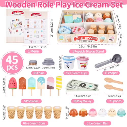 Melofaver Wooden Ice Cream Toys for Toddlers 35 Kids Wooden Toys Play Kitchen Accessories Play Food Sets for Kids Kitchen Pretend Play Toys Gifts for 3 4 5 Year Old Girls Boys Birthday Christmas - Image 5