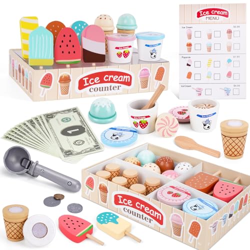 Melofaver Wooden Ice Cream Toys for Toddlers 35 Kids Wooden Toys Play Kitchen Accessories Play Food Sets for Kids Kitchen Pretend Play Toys Gifts for 3 4 5 Year Old Girls Boys Birthday Christmas - Image 1