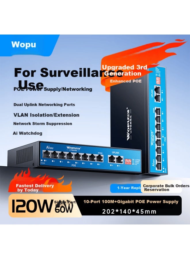 wopu Wopool 8-port Poe Switch Dual Uplink Gigabit + 8 Ethernet Ports National Standard Ap Security Monitoring Power Switcher Engineering Ai Smart Watchdog Ring Network Protection Djh820k - Image 1