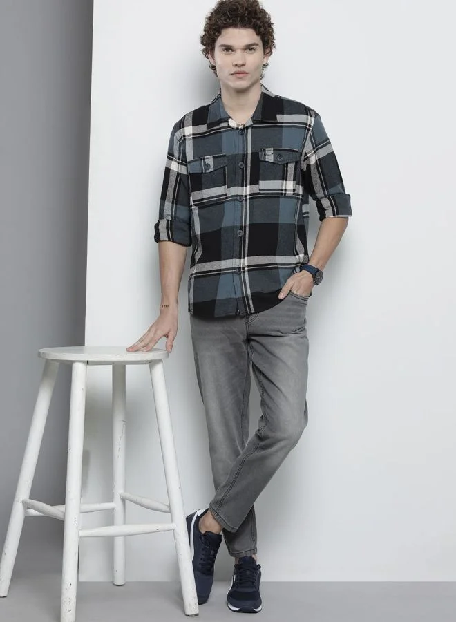 The Indian Garage Co Men Regular Fit Checkered Full Sleeves Spread Collar Double Flap Pocket Casual Over Shirt