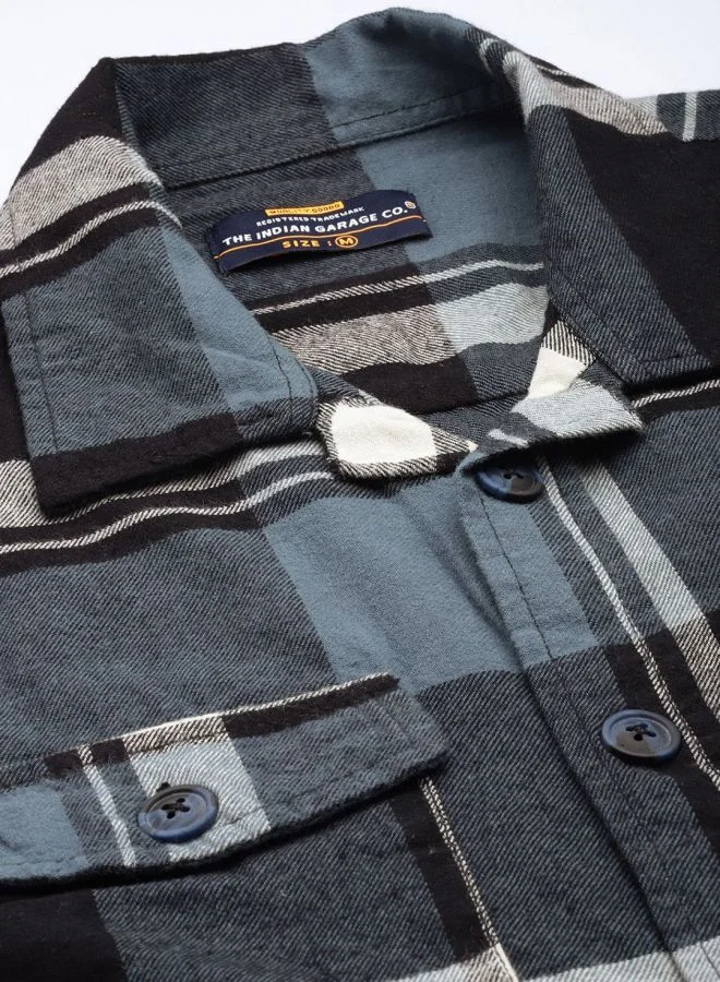 The Indian Garage Co Men Regular Fit Checkered Full Sleeves Spread Collar Double Flap Pocket Casual Over Shirt