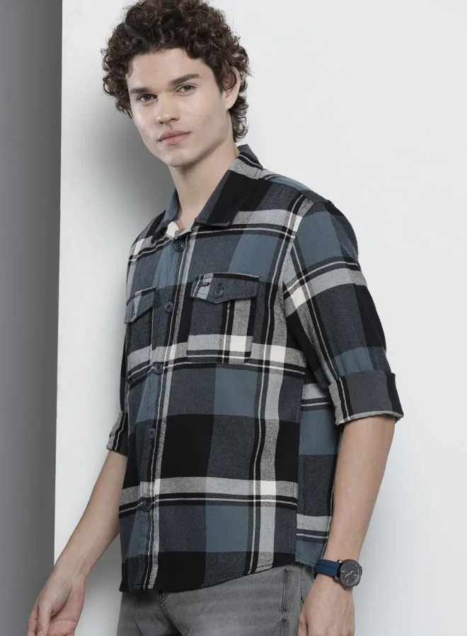 The Indian Garage Co Men Regular Fit Checkered Full Sleeves Spread Collar Double Flap Pocket Casual Over Shirt