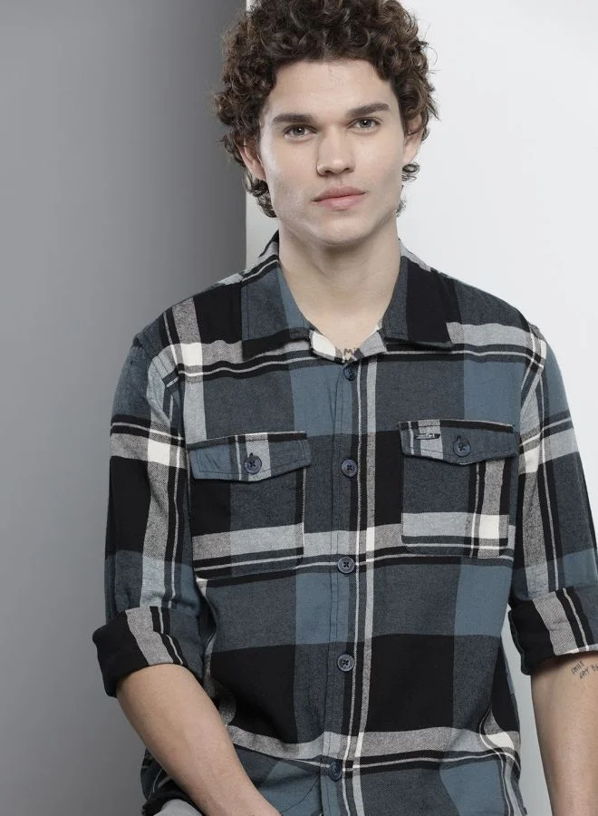 The Indian Garage Co Men Regular Fit Checkered Full Sleeves Spread Collar Double Flap Pocket Casual Over Shirt