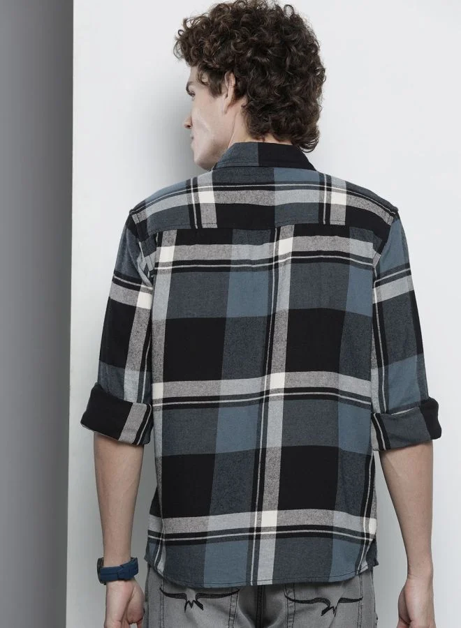 The Indian Garage Co Men Regular Fit Checkered Full Sleeves Spread Collar Double Flap Pocket Casual Over Shirt