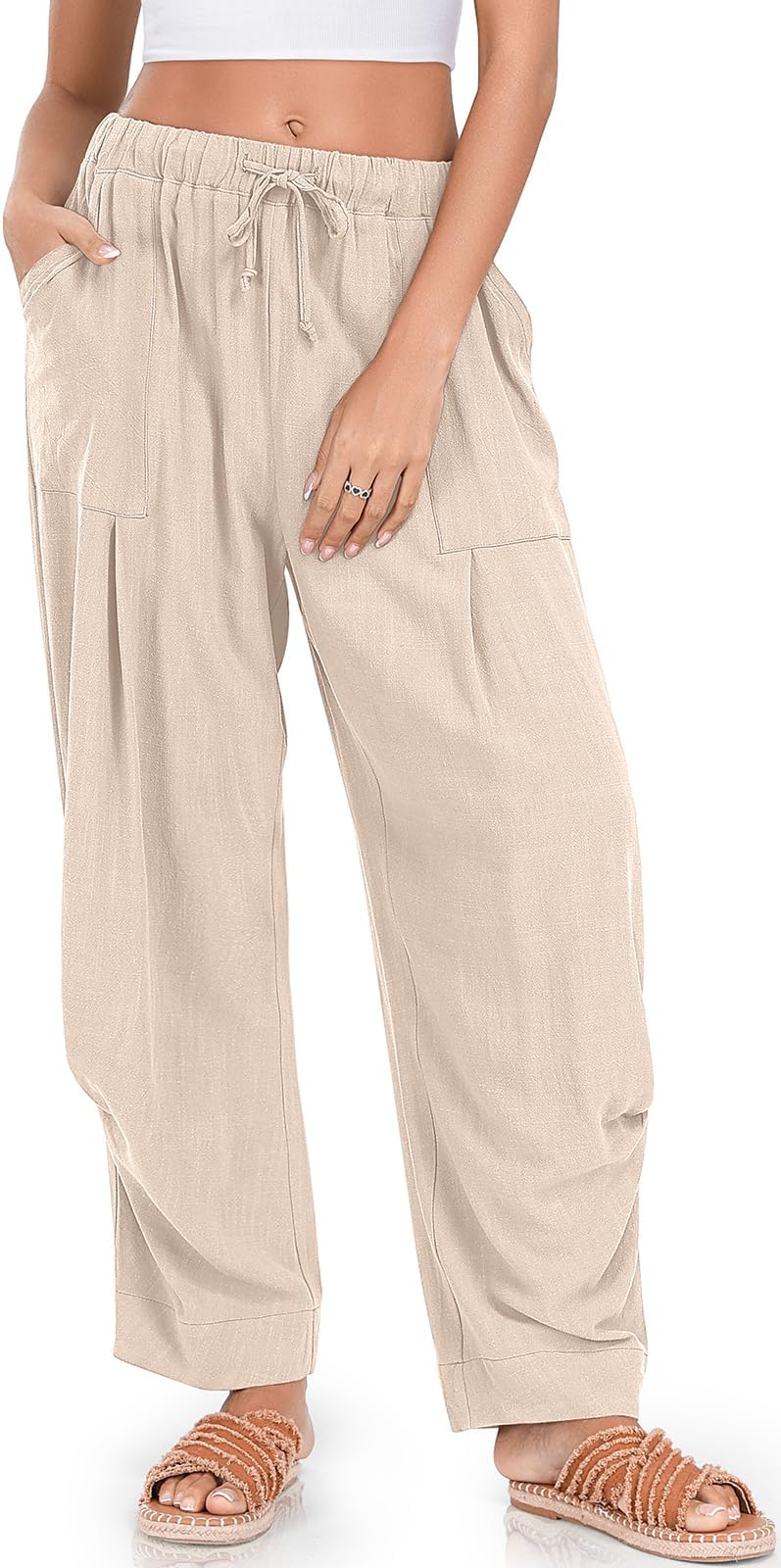 TARSE Womens Linen Palazzo Pants Baggy Casual Harem Pants with Pockets, HeatherLightKhaki, M - Image 1