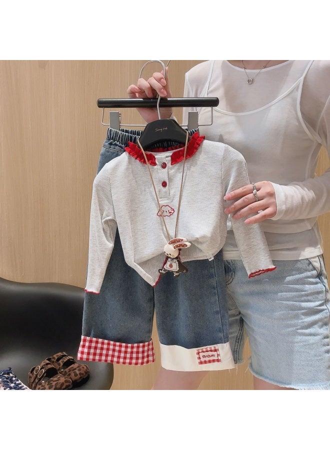 2026 Spring New Arrival Girls Lace Collar Long Sleeve Base Shirt Korean Style Stylish Children Ribbed Print Top Trendy