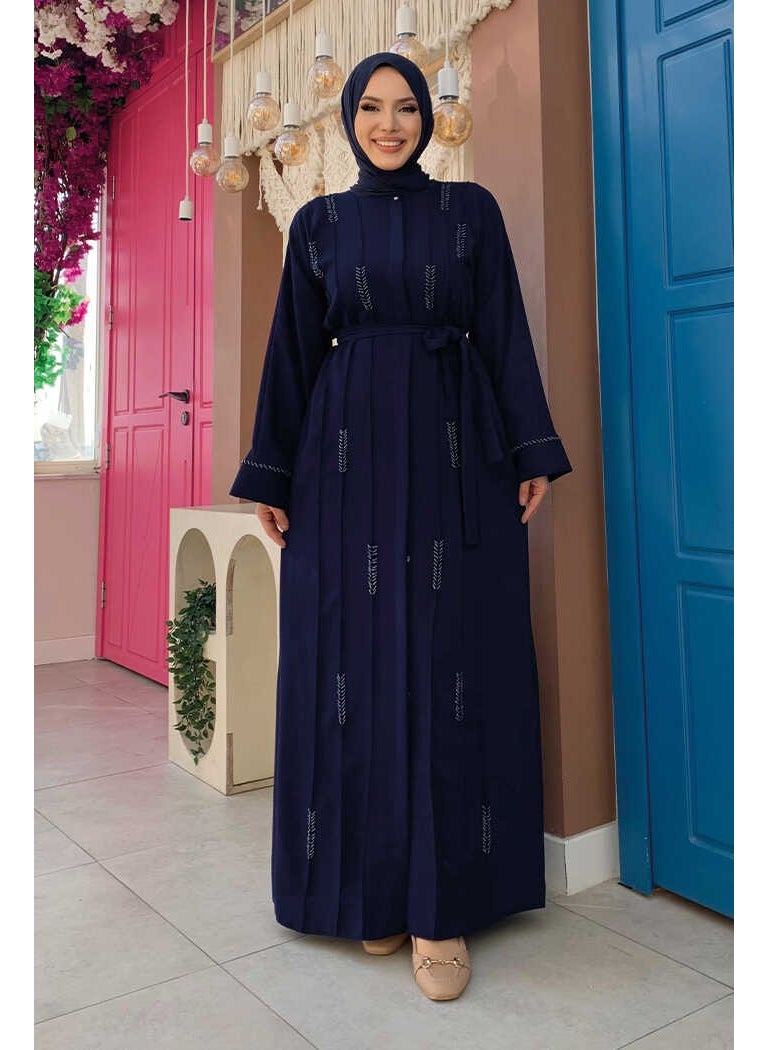 Bym Fashion - Beaded Full Length Abaya 7894 Navy Blue - Image 1