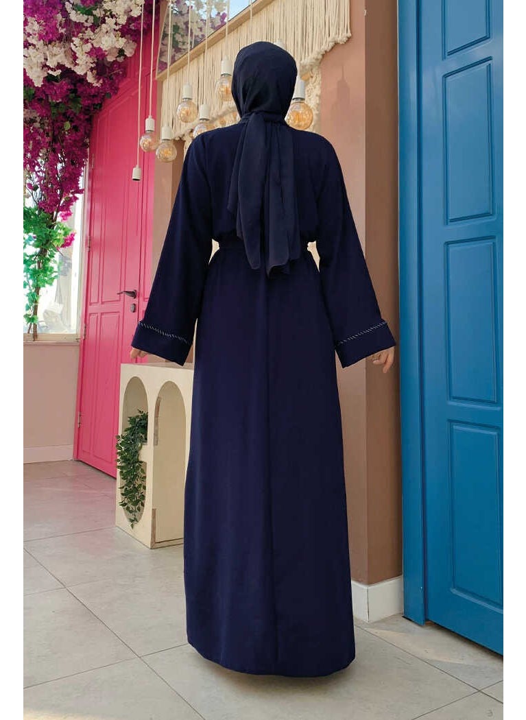 Bym Fashion - Beaded Full Length Abaya 7894 Navy Blue - Image 1