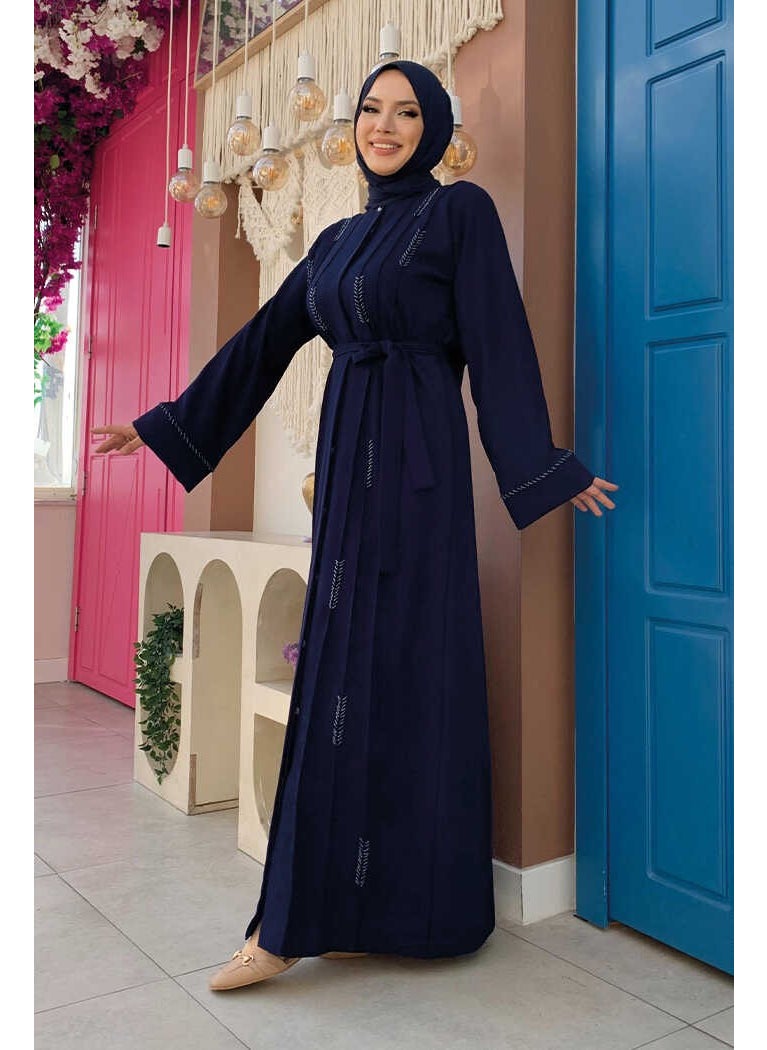Bym Fashion - Beaded Full Length Abaya 7894 Navy Blue - Image 1