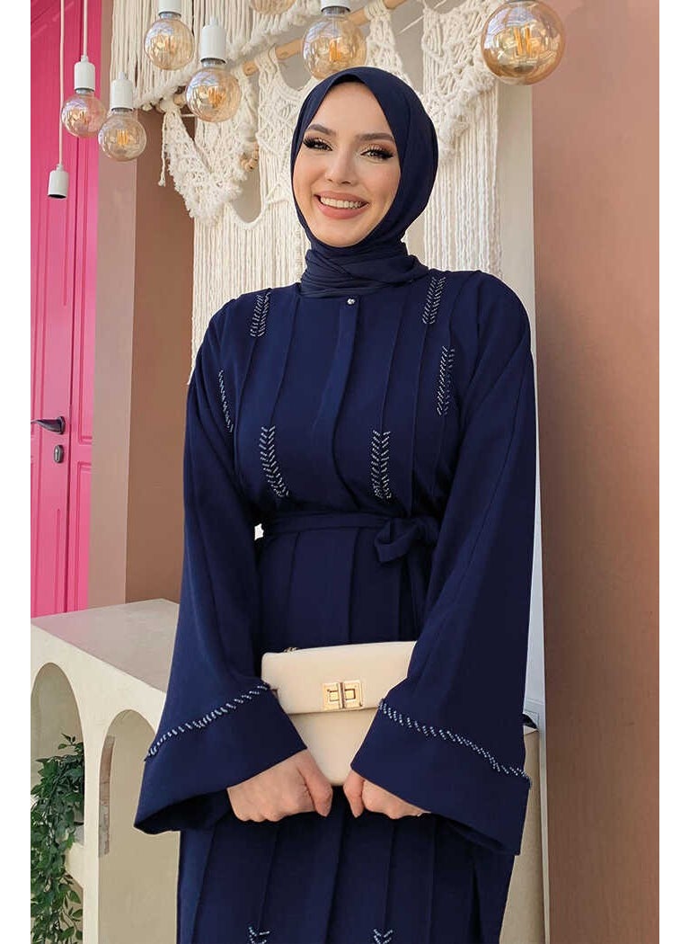 Bym Fashion - Beaded Full Length Abaya 7894 Navy Blue - Image 1