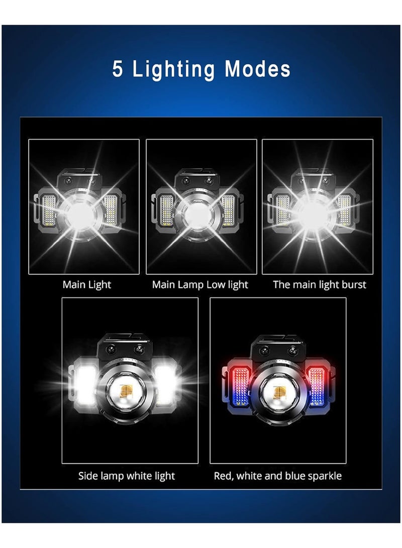 ارواق مصباح أمامي LED قابل لإعادة الشحن 450 لومن، 5 أوضاع إضاءة، زاوية تكبير 360 درجة قابلة للتعديل مع مستشعر حركة مصباح رأس للتخييم IPX4 مقاوم للماء لصيد الأسماك والجري والاستخدام الخارجي، عبوة من قطعتين - Image 4